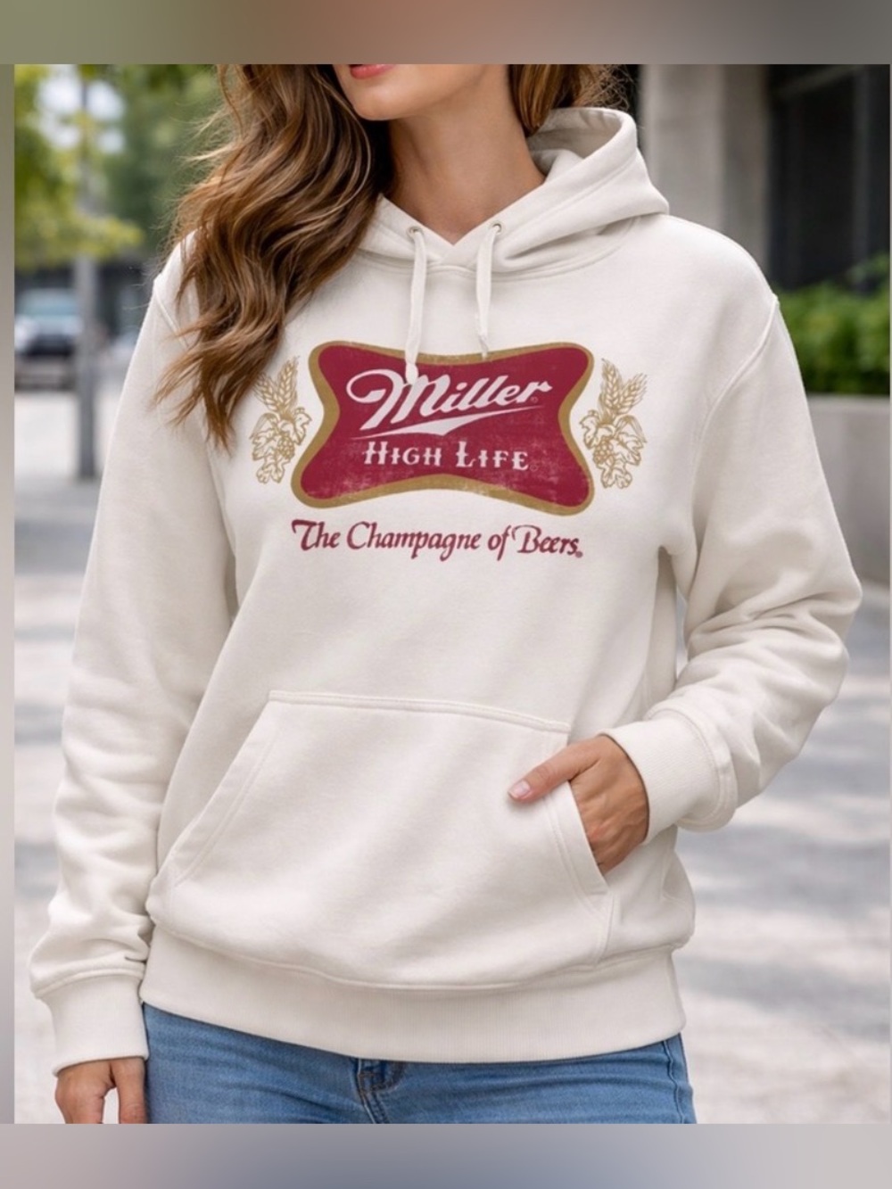 Miller High Life Women's Hoodie Off White Size Small Champagne of Beers preloved